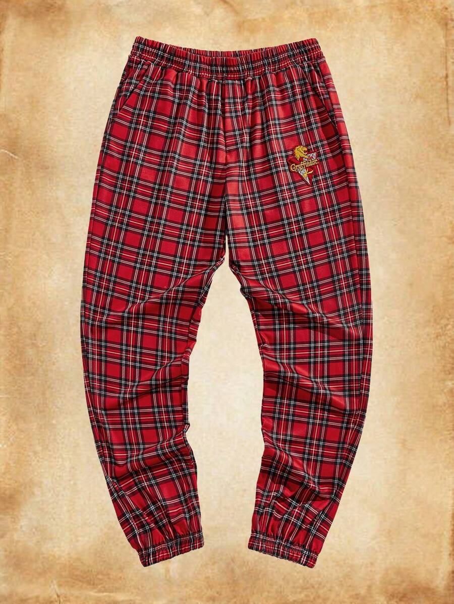 HARRY POTTER X SHEIN Pantalon de jogging à carreaux décontracté pour homme, de couleur grise et avec badge Gryffondor - Rouge - Voir 1