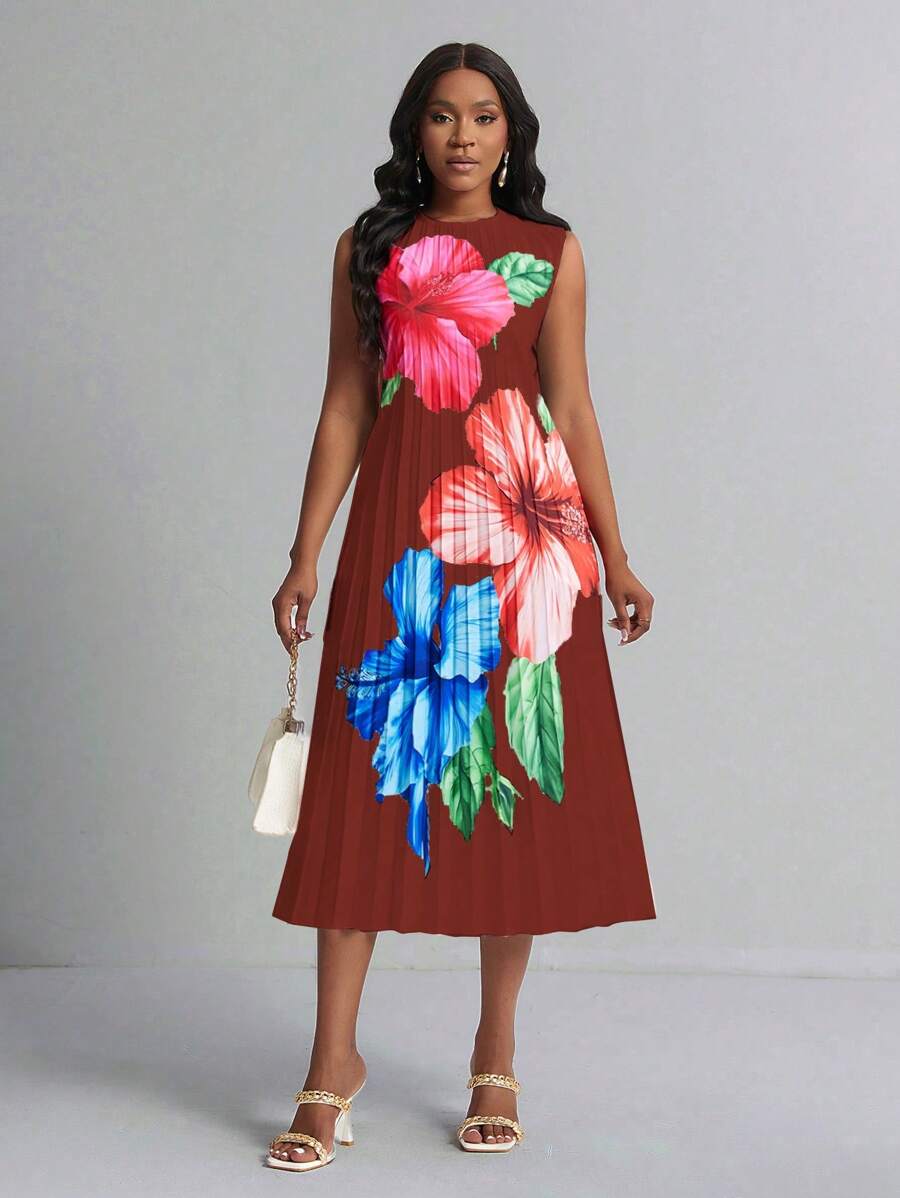 Lyxana 女士花卉印花無袖連衣裙，簡約休閒，適用於日常穿著 - 彩色 - 查看 1