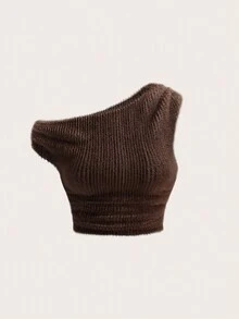 SHEIN ICON Top court sans manches asymétrique avec col unicolore - Tabac - Voir 3