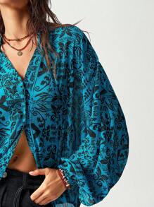 Bohemela Vacation Blue Retro Printed Loose Fit Women's Long Sleeve Shirt, Fall
