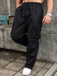 Manfinity LEGND 男士加大码休闲纯色抽绳腰直筒工装裤，外出纯色长裤黑色裤子，适合老公、男朋友的礼物，适合秋季 - 黑色 - 查看 6