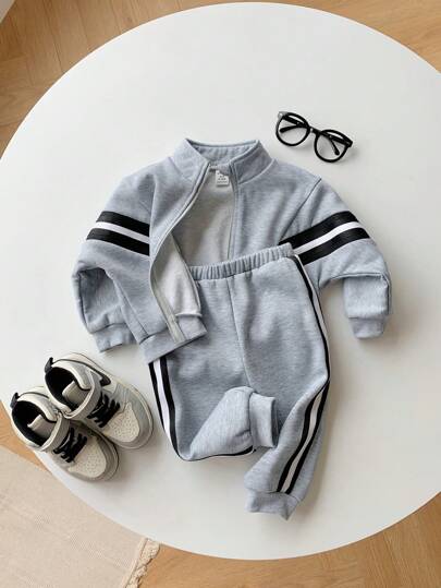 SHEIN Leap Crew 男婴 2 件套：拼色长袖领开衫夹克和踝带裤，厚保暖衬里