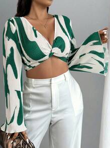 Celure Blusa corta de talla grande con estampado gráfico y detalle de nudo en la parte delantera