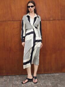 BizChic 女士优雅几何印花工作连衣裙秋季女士服装 - 杏色 - 查看 8