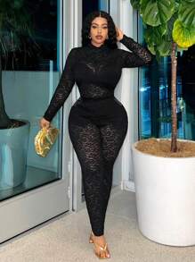 Slaydiva Sexy Casual Plus Size Women's Solid Color Lace Long Sleeve Jumpsuit Black Set-A - Black - View 4
