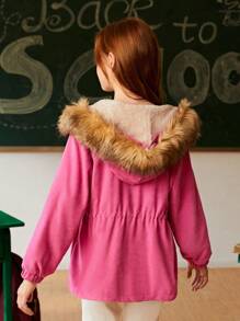 SHEIN Explorewe 青少年女孩休闲保暖蓬松领子羊羔针织帽抽绳棉服外套，配有可爱的束腰 - 玫紅色 - 查看 2