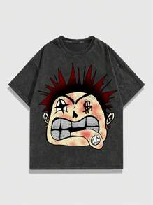 ROMWE MEN Street Life Men's Fun Doodle Portrait Printed Snow Washed Short Sleeve T-Shirt, Summer, School