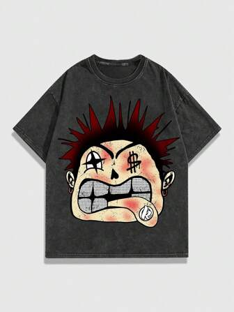 Street Life Herren Kurzarm T-Shirt mit verspielt bedrucktem Porträt-Motiv, vintage-gewaschen, für Sommer und Schule