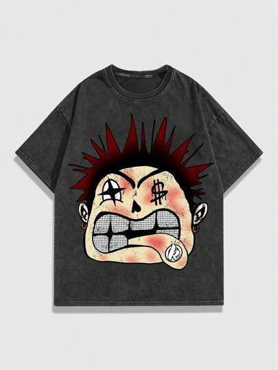 Street Life Men's Fun Doodle Portrait Printed Snow Washed Short Sleeve T-Shirt, Summer, School