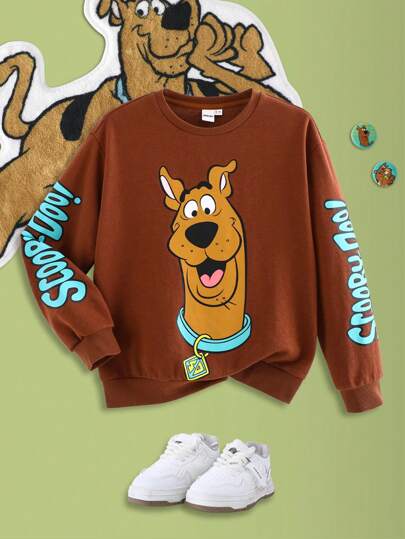 SCOOBY-DOO X SHEIN Tween Boy Cartoon Letter Printed Round Neck Casual Sweatshirt Autumn And Winter