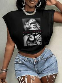 Slaydiva 女士休闲简约性感图案印花宽松圆领无袖短款 T 恤，夏季 - 黑色 - 查看 1