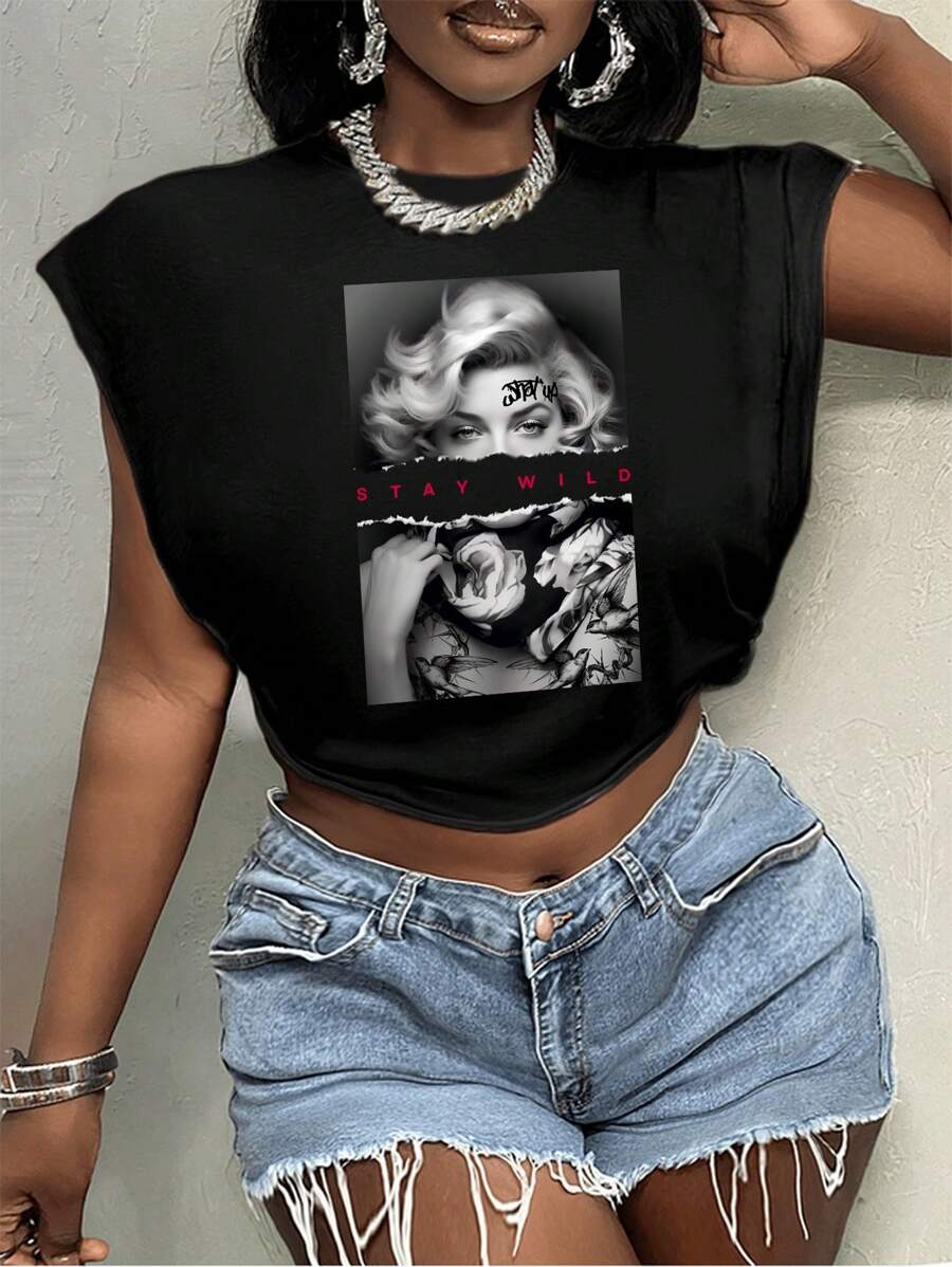 Slaydiva 女士休闲简约性感图案印花宽松圆领无袖短款 T 恤，夏季 - 黑色 - 查看 1