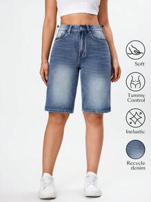 SHEIN EZwear 夏季高腰百慕達丹寧短褲 - 藍色 - 查看 1