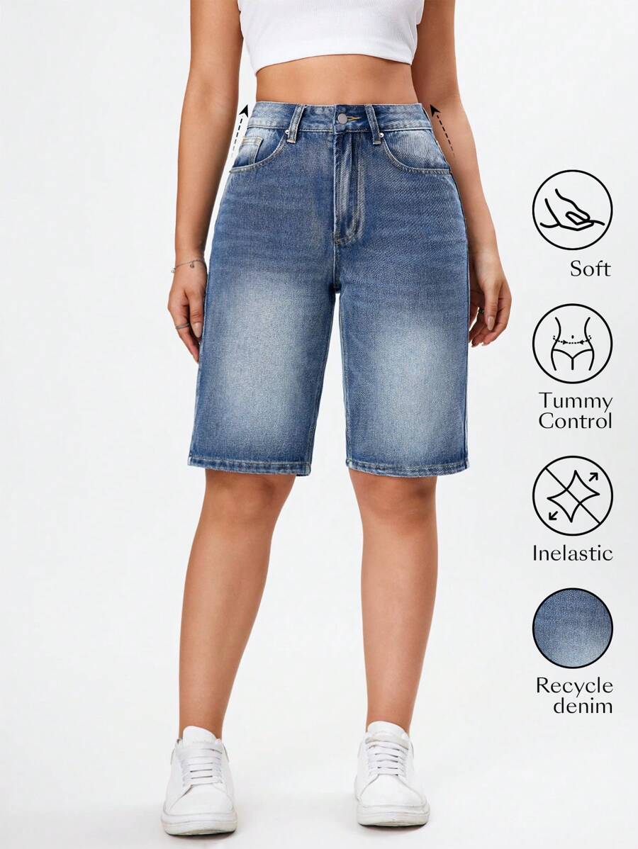 SHEIN EZwear 夏季高腰百慕達丹寧短褲 - 藍色 - 查看 1