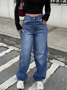 Zipper Fly Wide Leg Jeans - Dark Wash - View 3