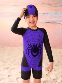 Young Boy Spider Printed Color Blocking Round Neck One Piece Swimsuit With Swimming Cap - Multicolor - View 5
