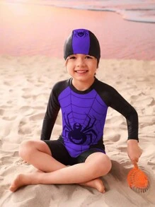 Young Boy Spider Printed Color Blocking Round Neck One Piece Swimsuit With Swimming Cap - Multicolor - View 6