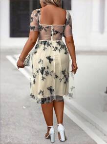SHEIN Clasi Plus Size Summer Casual Butterfly Embroidery Mesh Puff Sleeve Dress - Apricot - View 2