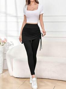 Seusyu 女式纯色松紧腰侧抽绳休闲紧身裤 - 黑色 - 查看 6