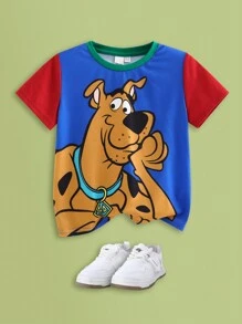 SCOOBY-DOO X SHEIN Young Boy Cartoon Animal Dog Printed Color-Block Round Neck T-Shirt