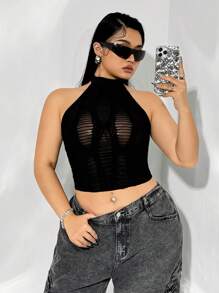 SHEIN ICON Plus Size Mesh See-Through Halter Neck Tank Top - Black - View 2