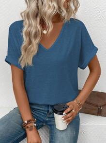 SHEIN LUNE 女士V領純色蝙蝠袖夏季休閒T恤，適用於日常穿著 - 藍色 - 查看 3