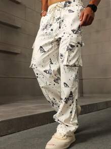 Manfinity LEGND 男士时尚街头蝴蝶泼墨艺术纹理黑白拼色宽松印花工装长款工装裤，外出长款直筒宽松休闲裤，适合老公、男朋友的礼物 - 白色 - 查看 5