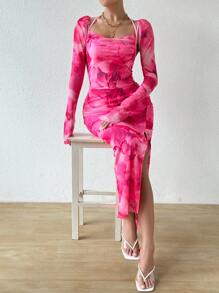 Chiquease Robe imprimée à manches longues avec col en V et lien dans le dos pour femmes, décontractée et parfaite pour les vacances