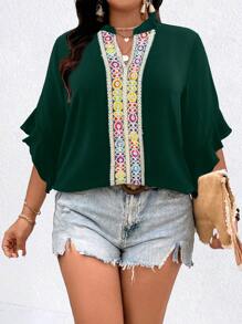 SHEIN LUNE Plus Size Women's Colorful Embroidered Simple Daily Wear Shirt - Dark Green - View 4