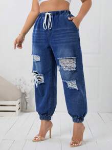 SHEIN Essnce 加大尺碼有口袋磨損扣繩腰牛仔褲 - 深色水洗藍 - 查看 1