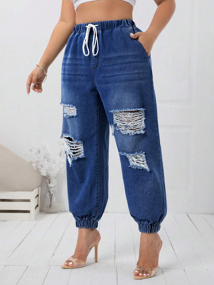 SHEIN Essnce 加大尺碼有口袋磨損扣繩腰牛仔褲 - 深色水洗藍 - 查看 1