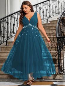 Allurite 大码女式仿珍珠装饰无袖网眼下摆拼接优雅婚纱