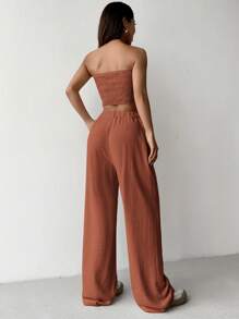 SHEIN EZwear Quần dài và áo quây hàng ngày màu trơn phong cách đơn giản cho nữ 2 cái/bộ - Rỉ Nâu - Xem 2