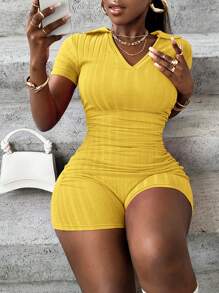 Slaydiva New Arrival Stretchy Polo Collar Tight-Fit Solid Color Mini Bodycon Dress With Wide Ribbed Hem Design