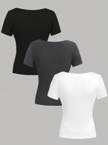 SHEIN Girlism Conjunto de camiseta de gola redonda para meninas adolescentes, 3 peças, preto/branco/cinza, de malha, perfeito para camadas