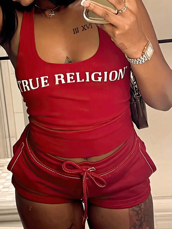 SHEIN Slayr Tricou casual de damă, cu litere imprimate, cu gât pătrat