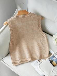 SHEIN Frenchy Beige Melanche Sweater Vest,Knit Top,Fall Women's Clothing,Back-To-School,Work Office Clothes,,Effortless Chic,Tan,Summer,Basic,School,Preppy - Apricot - View 5