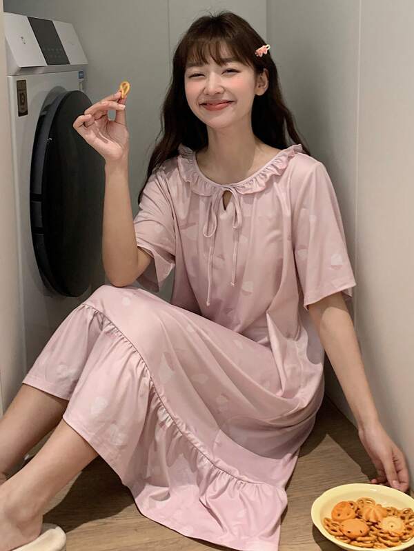 DAZY Ladies' Simple Solid Color Everyday Ruffle Trim Nightgown Pajama, Moo Moo Sleep Dress