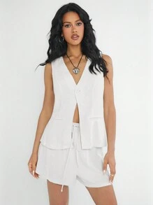 SHEIN EZwear 純色單排扣無袖背心和束腰短褲套裝，夏季 - 白色 - 查看 3