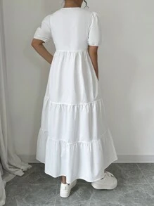 Breezaya Váy Maxi Tay Phồng Cổ Buộc Màu Trơn Cho Nữ - trắng - Xem 2