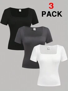 SHEIN Girlism Conjunto de camiseta de gola redonda para meninas adolescentes, 3 peças, preto/branco/cinza, de malha, perfeito para camadas