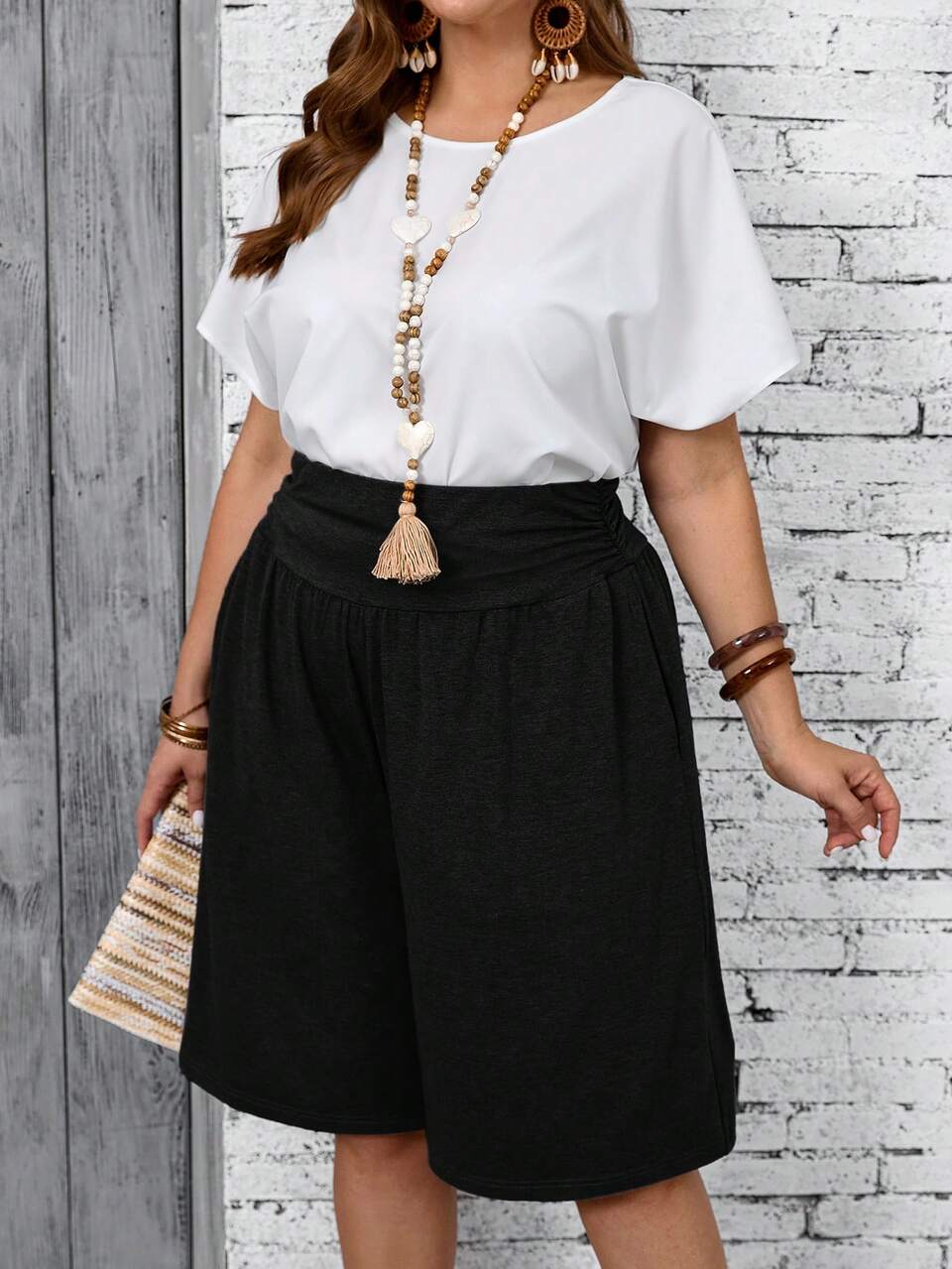 Plus Size Summer Countryside Solid Color Pleated Beach Shorts