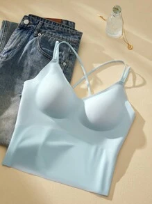 LUVLETTE Sujetador deportivo tipo cami azul sin tirantes con espalda nadadora y tirantes finos, lencería de entrenamiento de línea larga como prenda exterior, básico talla Freedom, top tubo sin sujetador para adolescente/niña/joven - Azul - Ver 11