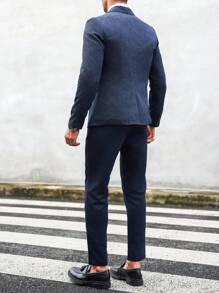 Manfinity Mode Men's Suit Jacket With Notch Lapel And Single Breasted Button & Pants Set - Navy Blue - View 2
