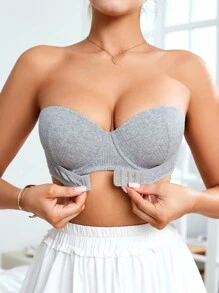 SHEIN 女士纹理面料聚拢灰色棉质无肩带文胸，日常穿着 - 淺灰色 - 查看 4