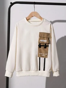 SHEIN Áo thun in chữ khối màu thông thường Tween Boy Xuân/Thu - Màu be - Xem 3