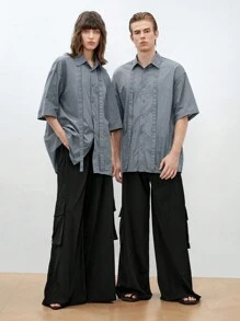 Mainfolk Men's Solid Color Woven Short Sleeve Loose Fit Casual Shirt, Suitable For Summer - Grey - View 10