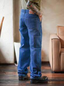 Manfinity Homme American Style Vintage Men's Medium Blue Distressed Wide Leg Jeans, Carpenter Pants