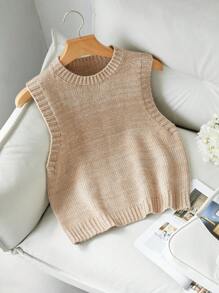 SHEIN Frenchy Beige Melanche Sweater Vest,Knit Top,Fall Women's Clothing,Back-To-School,Work Office Clothes,,Effortless Chic,Tan,Summer,Basic,School,Preppy - Apricot - View 1