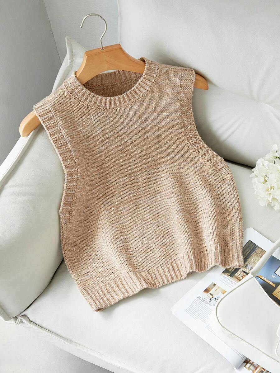 SHEIN Frenchy Beige Melanche Sweater Vest,Knit Top,Fall Women's Clothing,Back-To-School,Work Office Clothes,,Effortless Chic,Tan,Summer,Basic,School,Preppy - Apricot - View 1